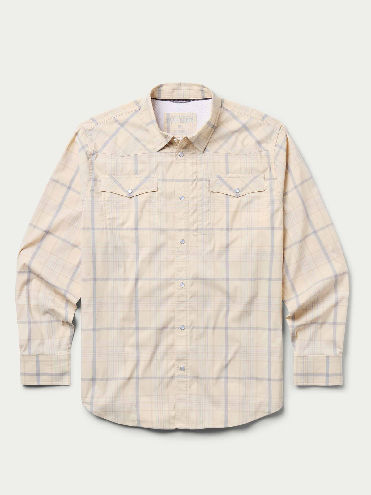 Western guide snap shirt, front view, cream with light blue plaid, snap chest pockets.