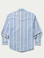 RangeTek western snap shirt back view in light blue with white and yellow stripes