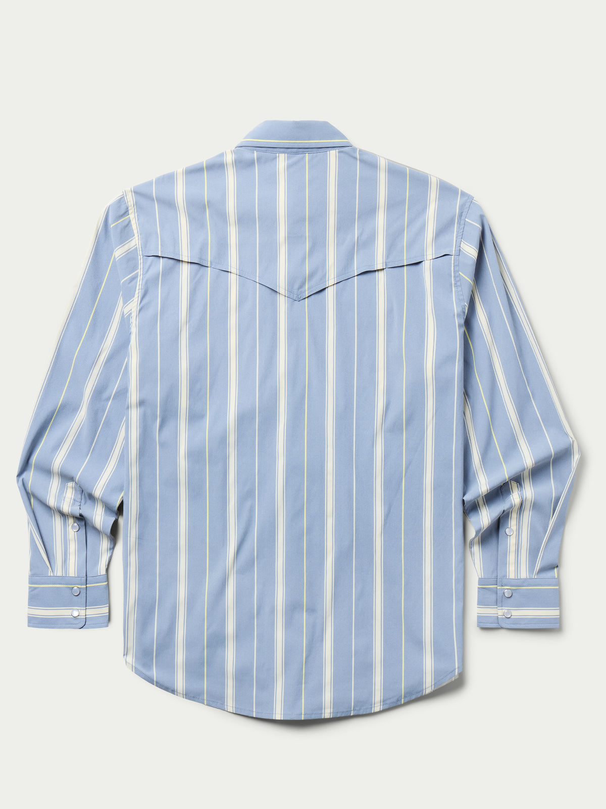 RangeTek western snap shirt back view in light blue with white and yellow stripes