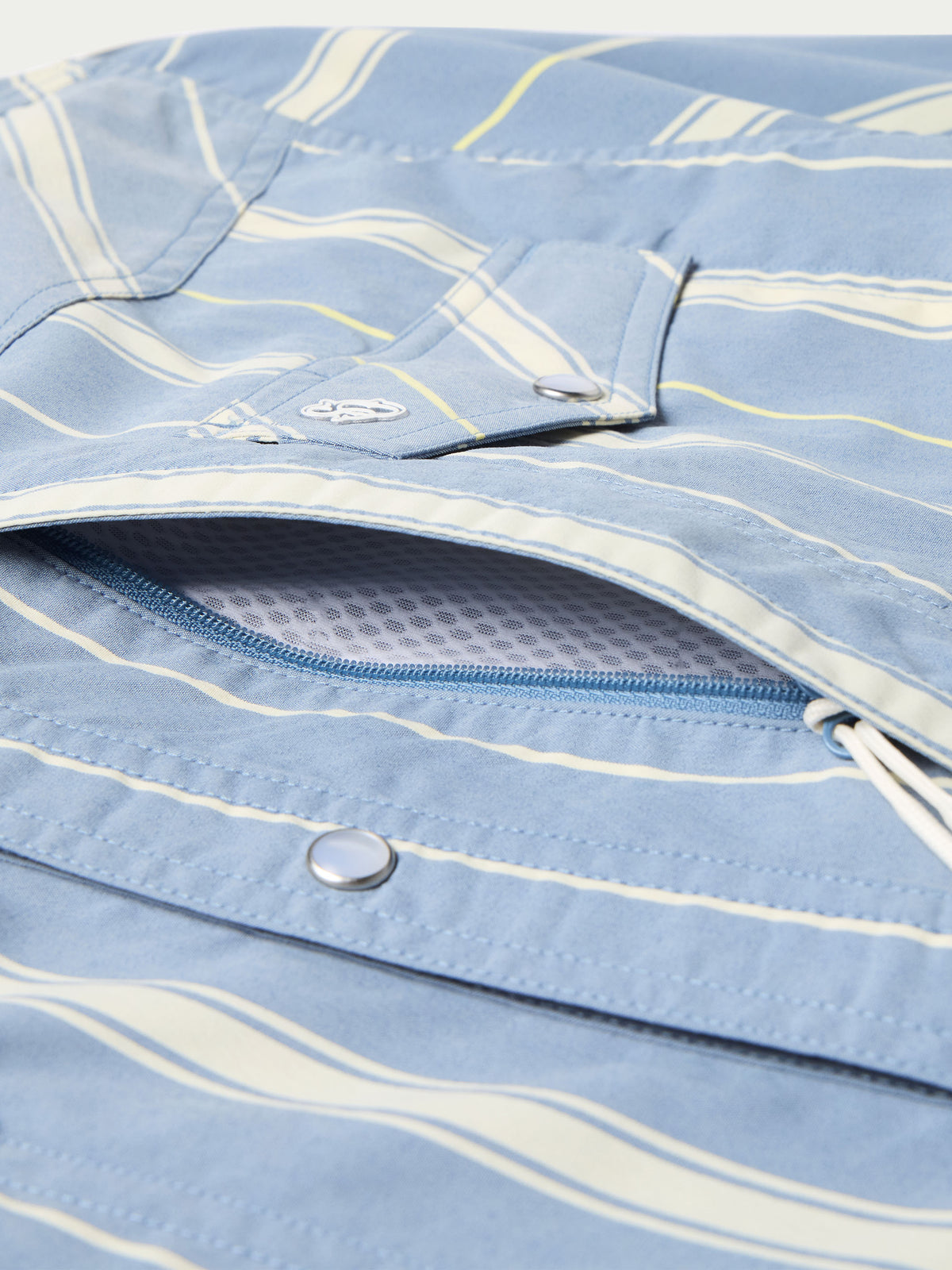 RangeTek western snap shirt close-up of drawstring placket and striped fabric