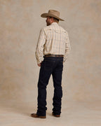 Tan plaid western snap shirt, full back view with snap closures