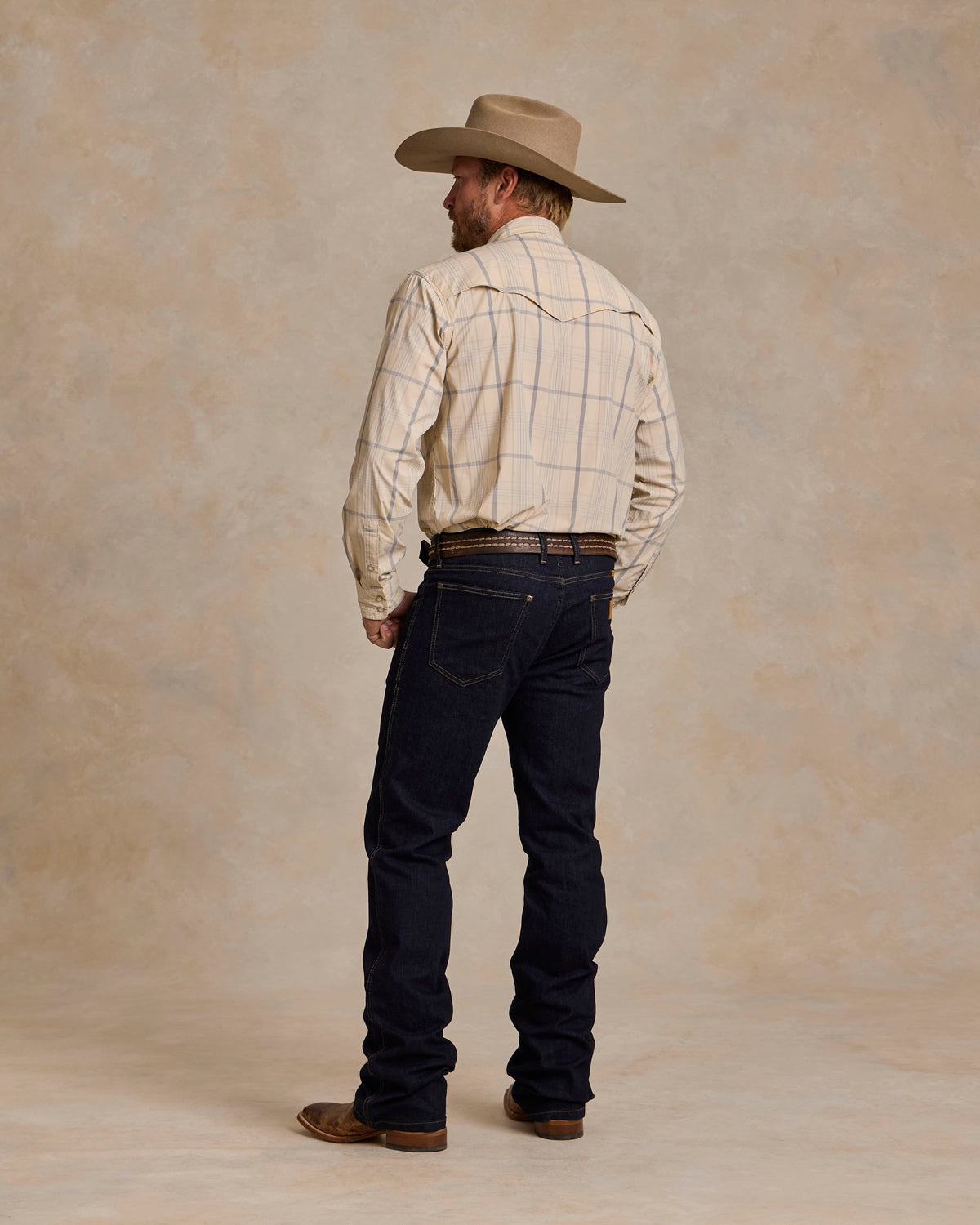 Tan plaid western snap shirt, full back view with snap closures