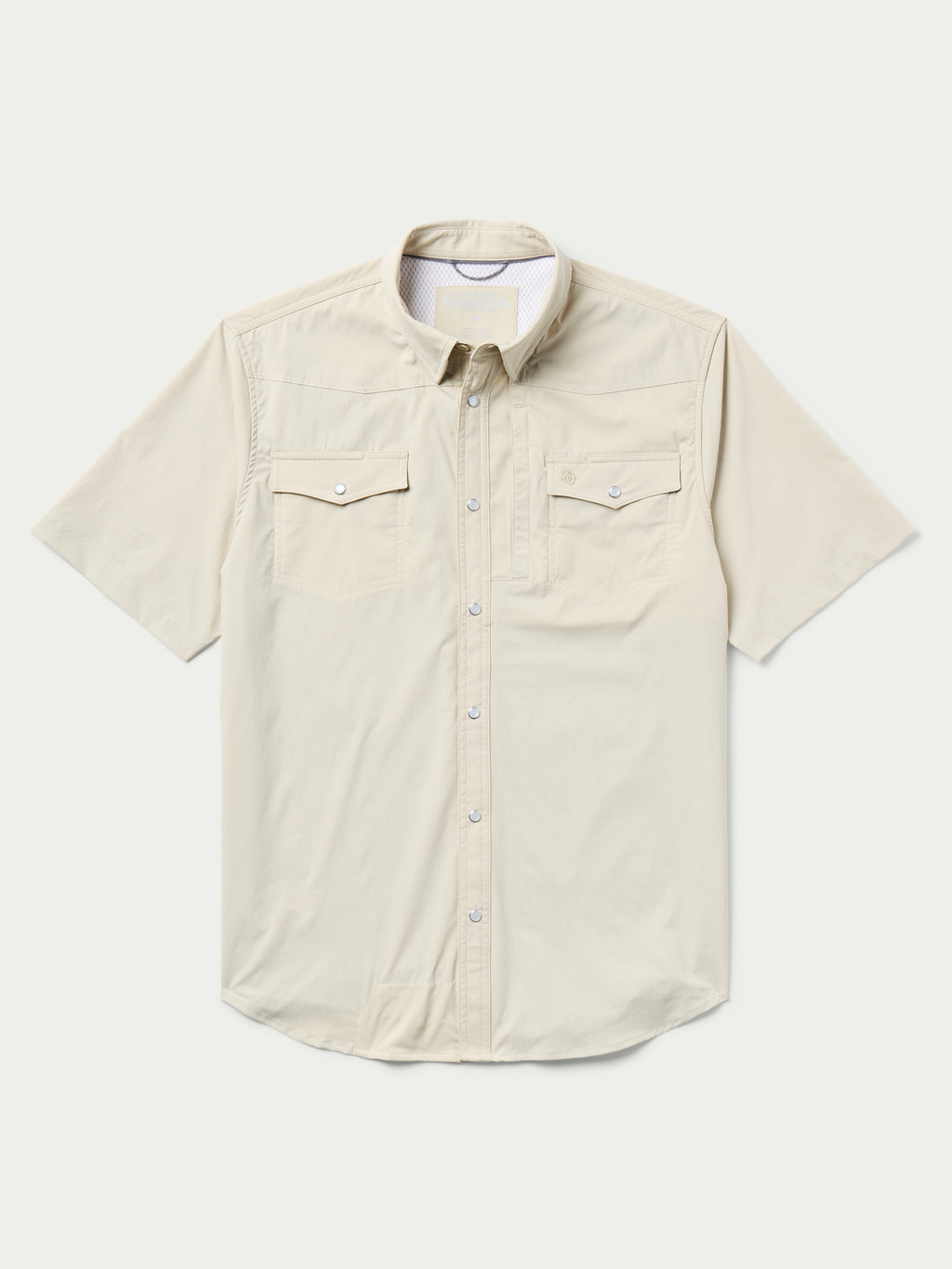 Khaki short-sleeve Western snap shirt with button front and chest pockets