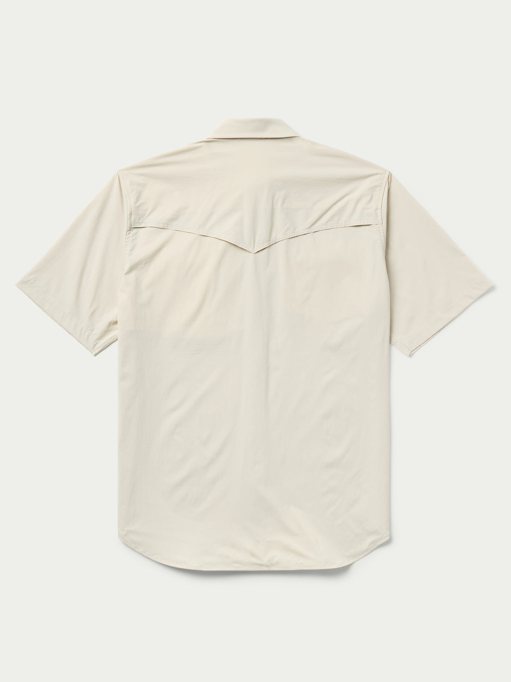 Khaki short-sleeve Western snap shirt, back view with yoke seam