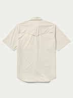 Khaki short-sleeve Western snap shirt, back view with yoke seam