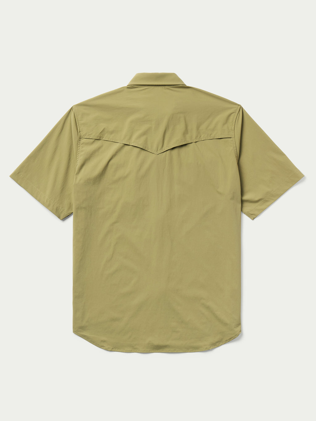 Olive short-sleeve snap western guide shirt, back view with fold-down collar