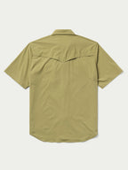 Olive short-sleeve snap western guide shirt, back view with fold-down collar