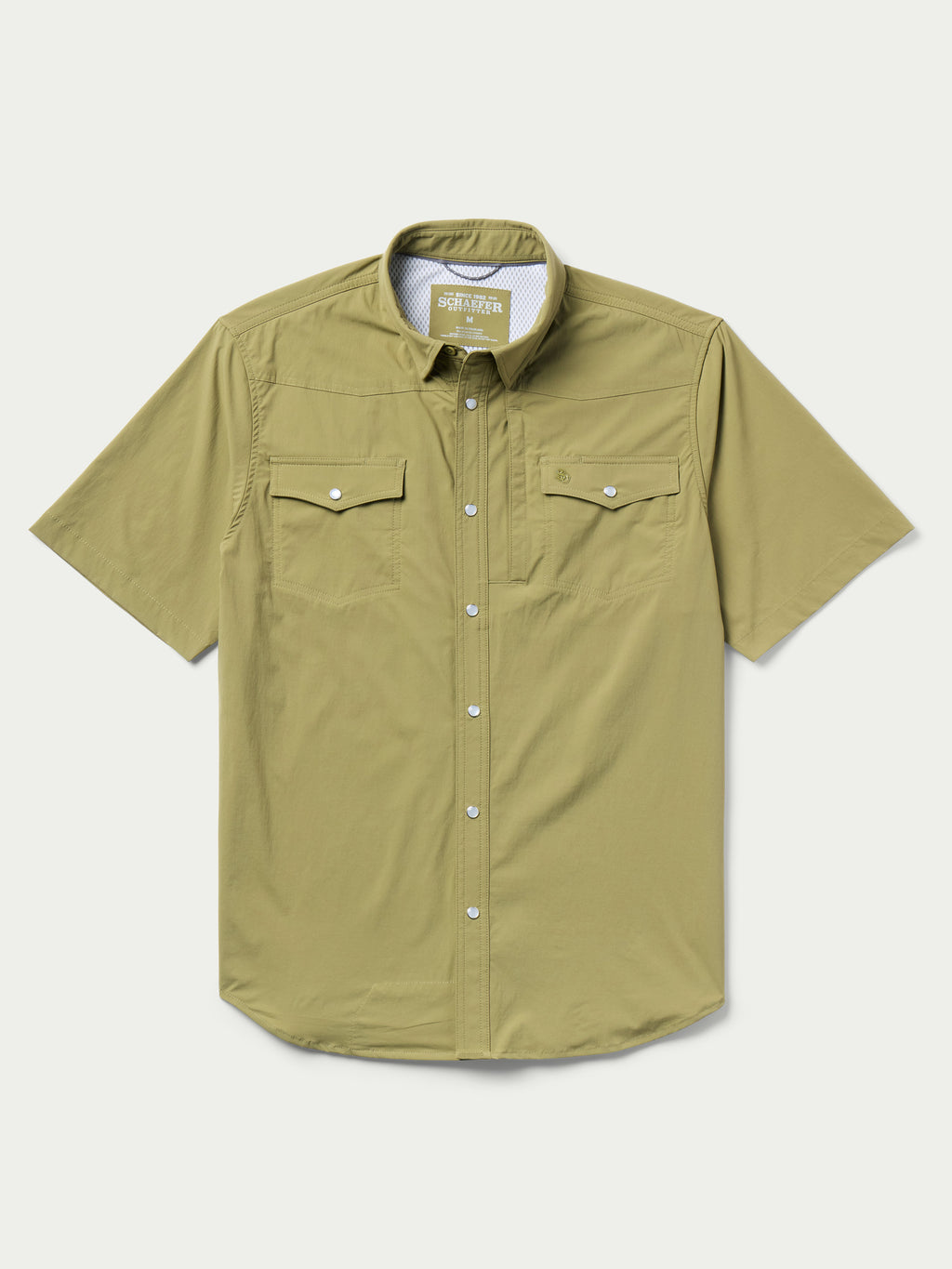 Olive short-sleeve snap western guide shirt, front view with button placket and chest pockets