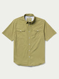 Olive short-sleeve snap western guide shirt, front view with button placket and chest pockets
