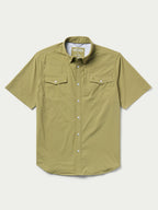 Olive short-sleeve snap western guide shirt, front view with button placket and chest pockets
