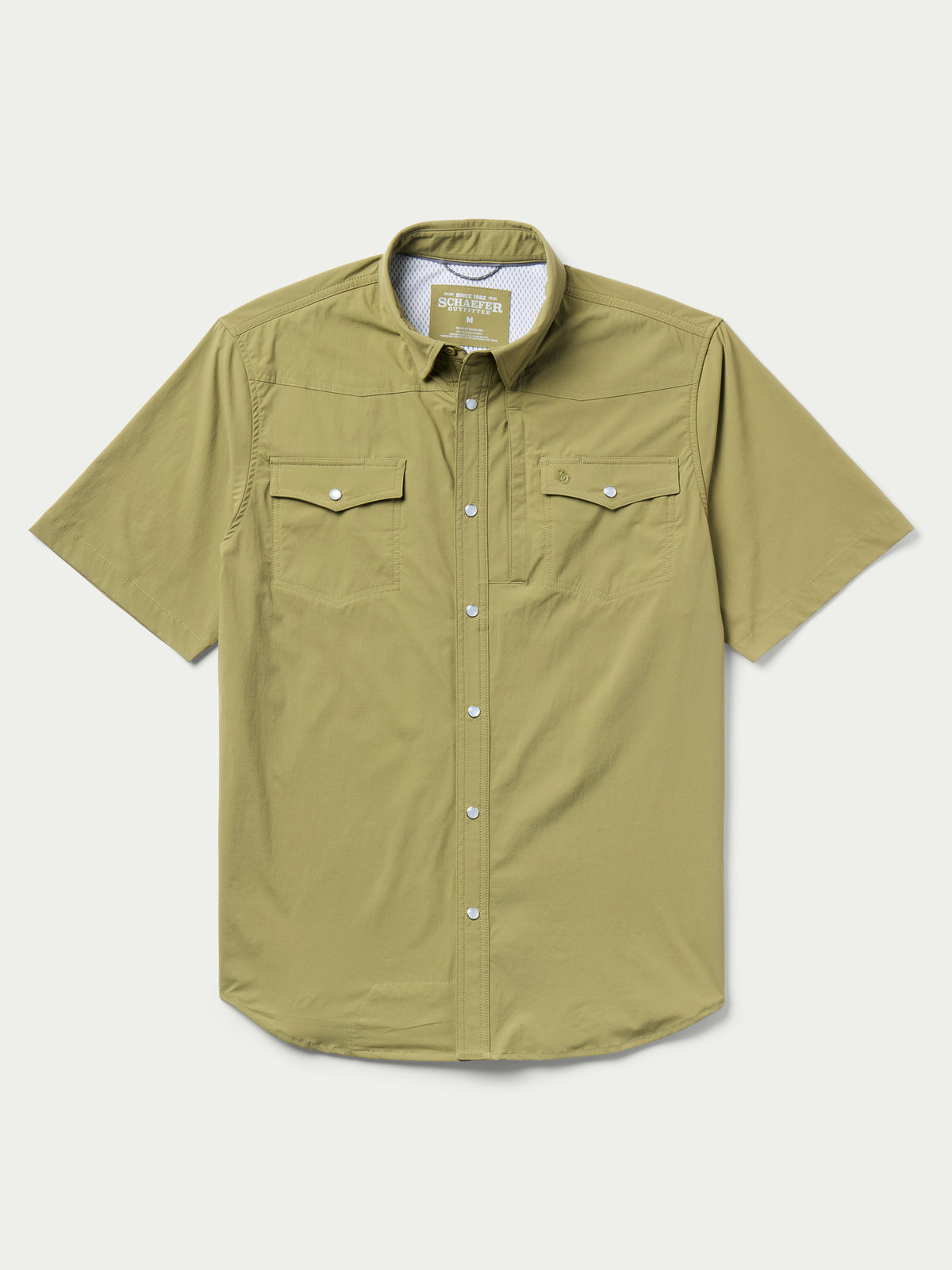 Olive short-sleeve snap western guide shirt, front view with button placket and chest pockets