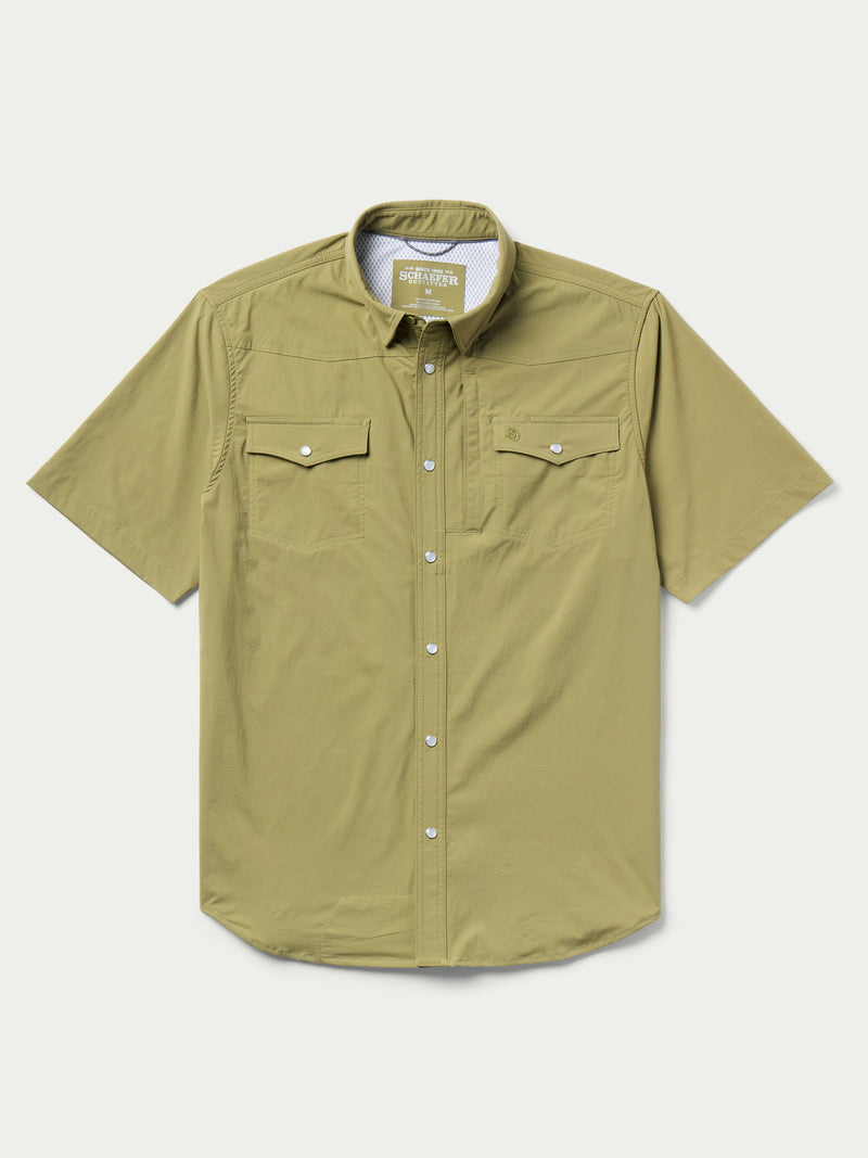 Olive short-sleeve snap western guide shirt, front view with button placket and chest pockets