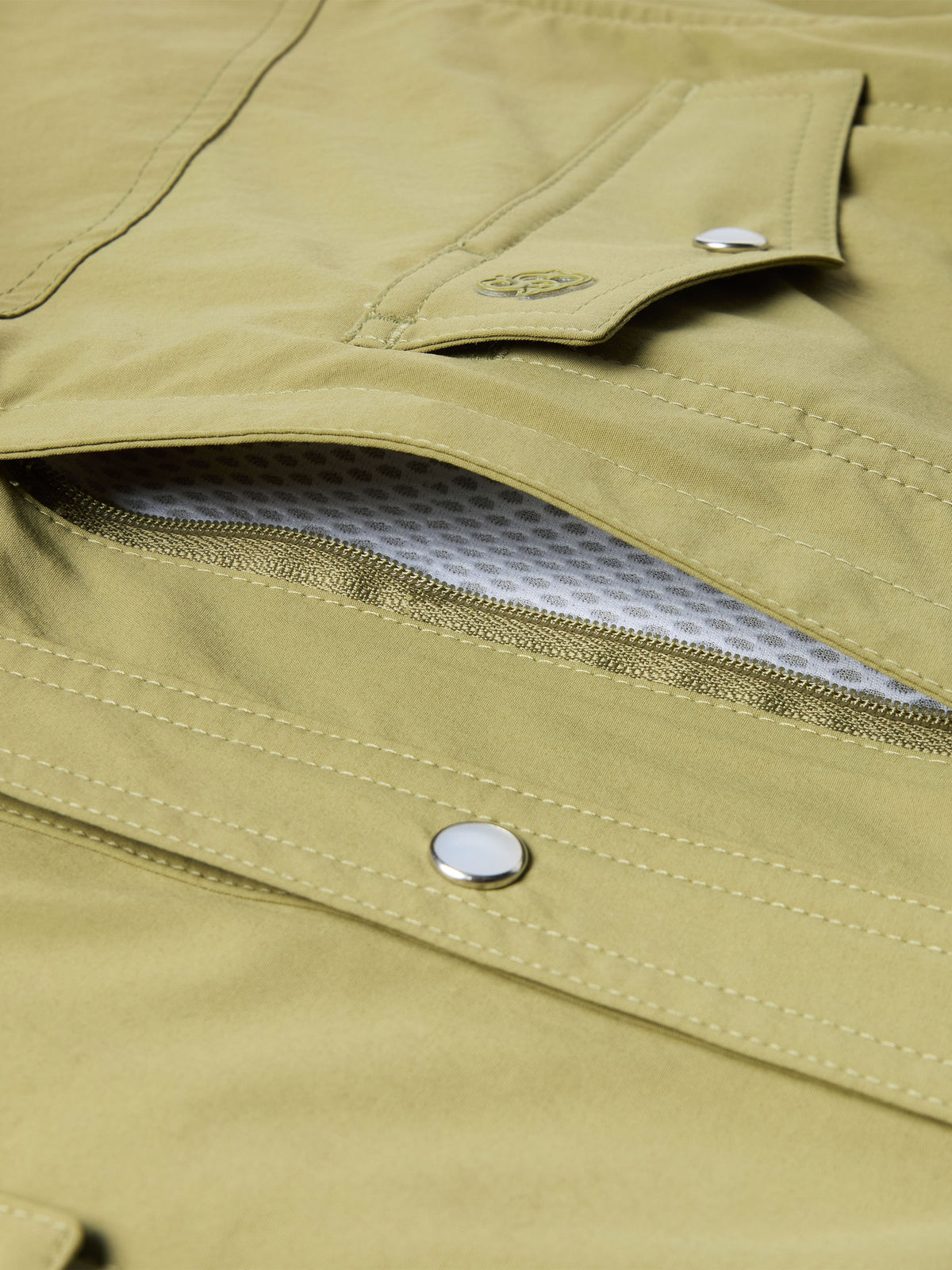 Olive short-sleeve snap western shirt pocket opening with snap button detail