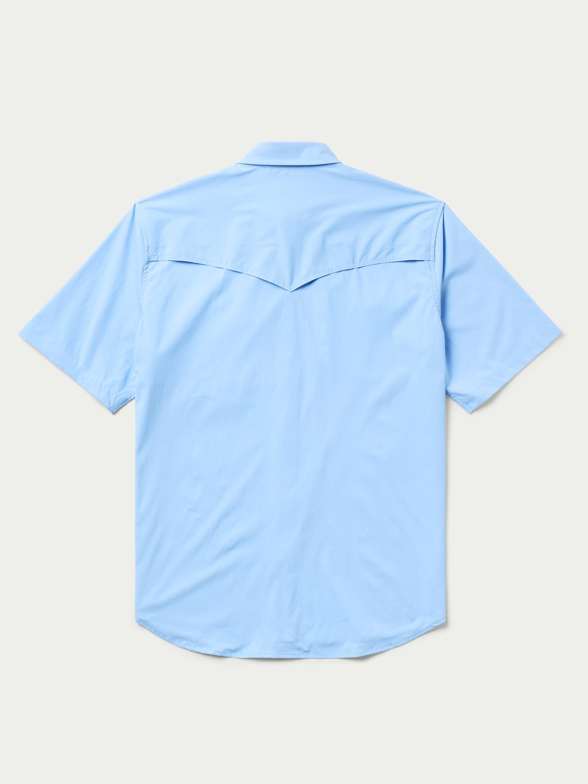 Sky blue short-sleeve western snap shirt back view with yoke seam