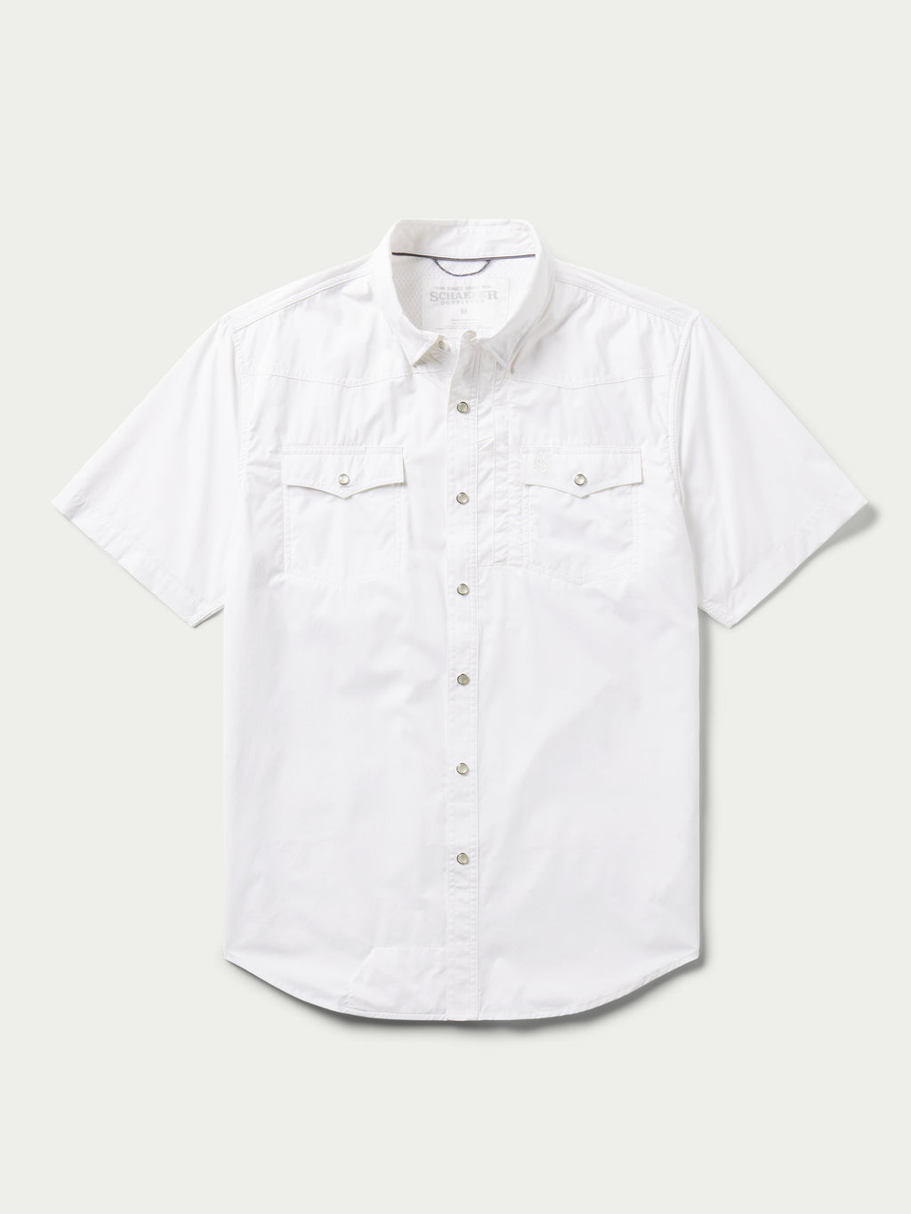 White short-sleeve snap western guide shirt with button front and two chest pockets