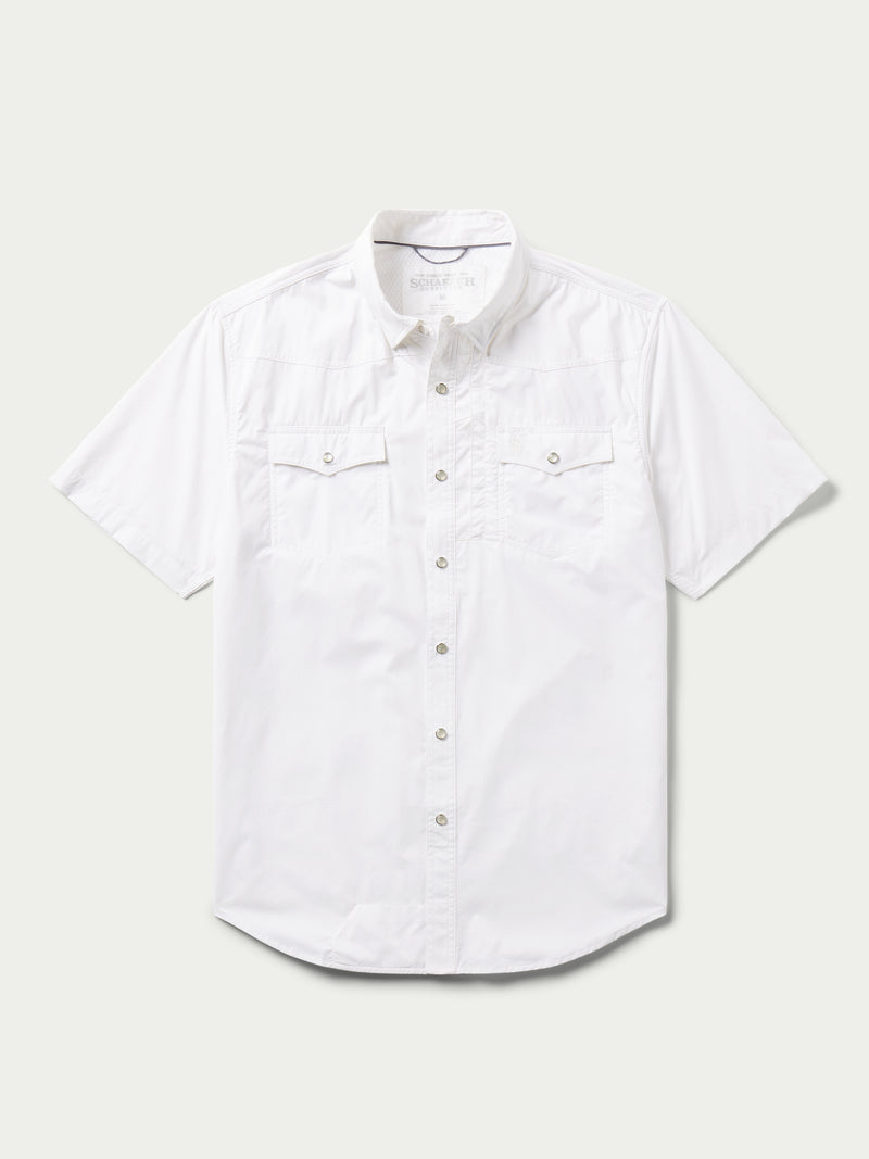 White short-sleeve snap western guide shirt with button front and two chest pockets