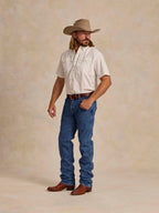 White short-sleeve snap western guide shirt with two chest pockets, worn by model