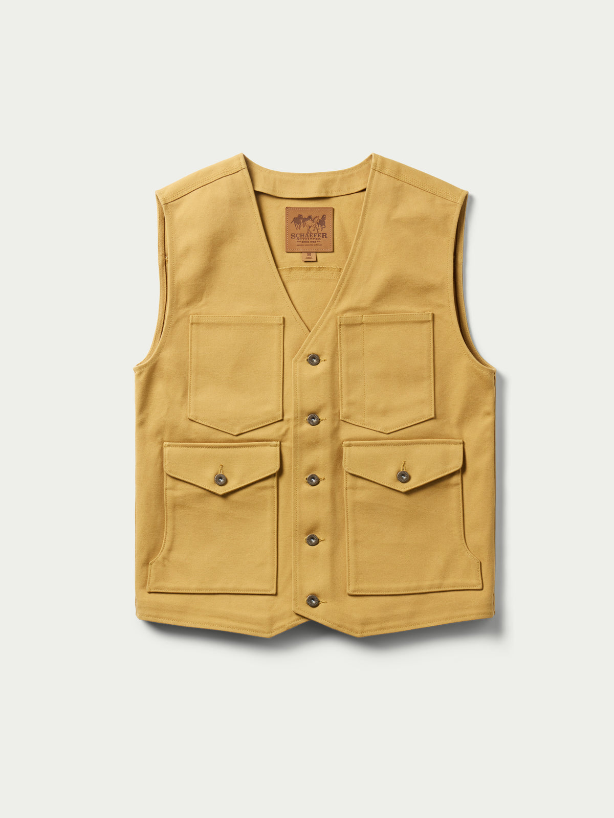 Suntan brushcloth vest with five-button front and two flap chest pockets