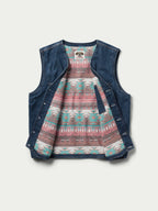 Blue denim vest with patterned inner lining, sleeveless button-front design