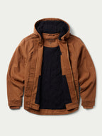 Russet hooded zip canvas jacket with navy-lined hood and front zipper