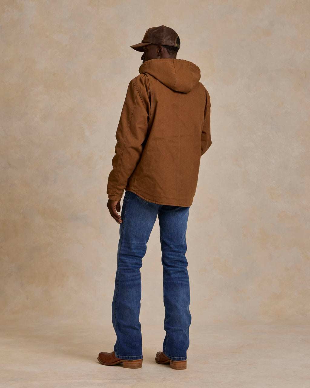 Men's russet hooded zip canvas jacket, hood up, full front zipper