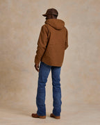 Men's russet hooded zip canvas jacket, hood up, full front zipper
