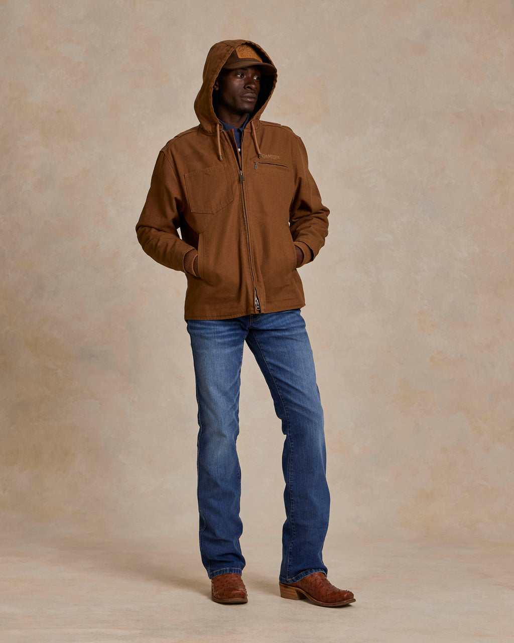 Men's russet hooded zip canvas jacket with drawstring hood and full zipper