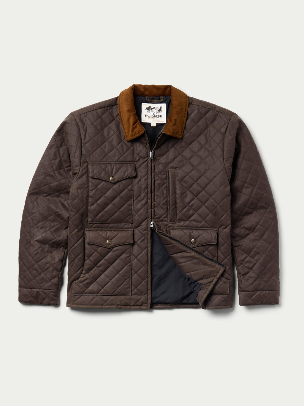 Dark brown quilted jacket with corduroy collar, zip front and snap chest pockets