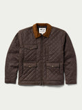 Brown quilted jacket with tan stand collar, full zipper, and two front snap pockets