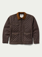 Brown quilted jacket with tan stand collar, full zipper, and two front snap pockets