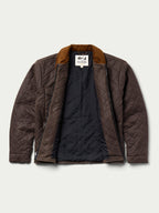 Dark brown quilted jacket with corduroy collar, zip-front and diamond stitching