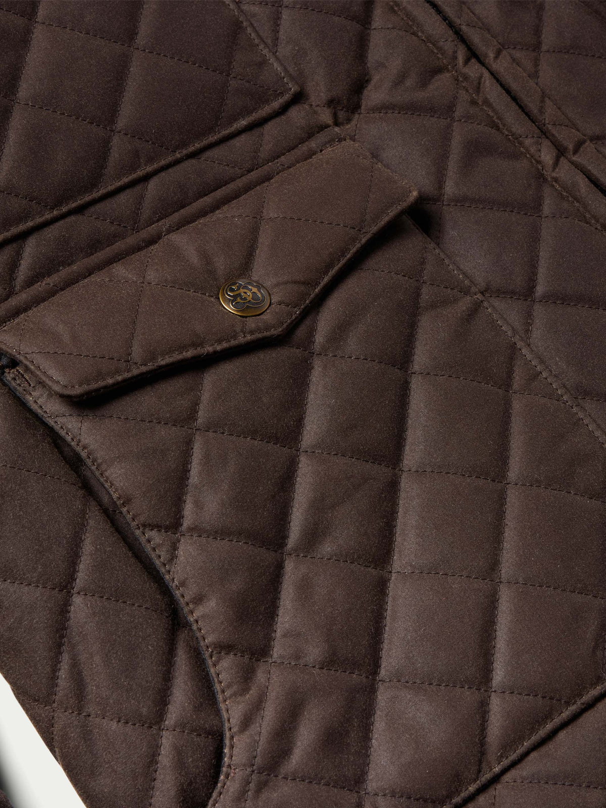 Dark brown quilted jacket close-up of snap placket and diamond stitching