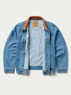 Medium indigo denim jacket open front view with brown collar and inner lining