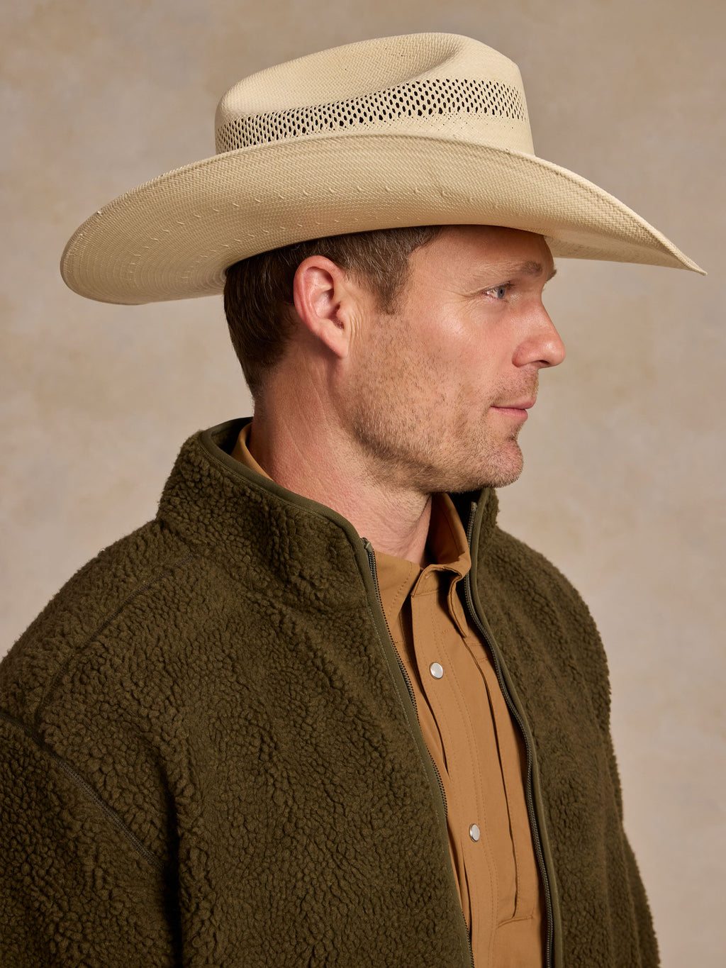 Olive full-zip fleece jacket worn close-up at the neck with high collar and textured pile.