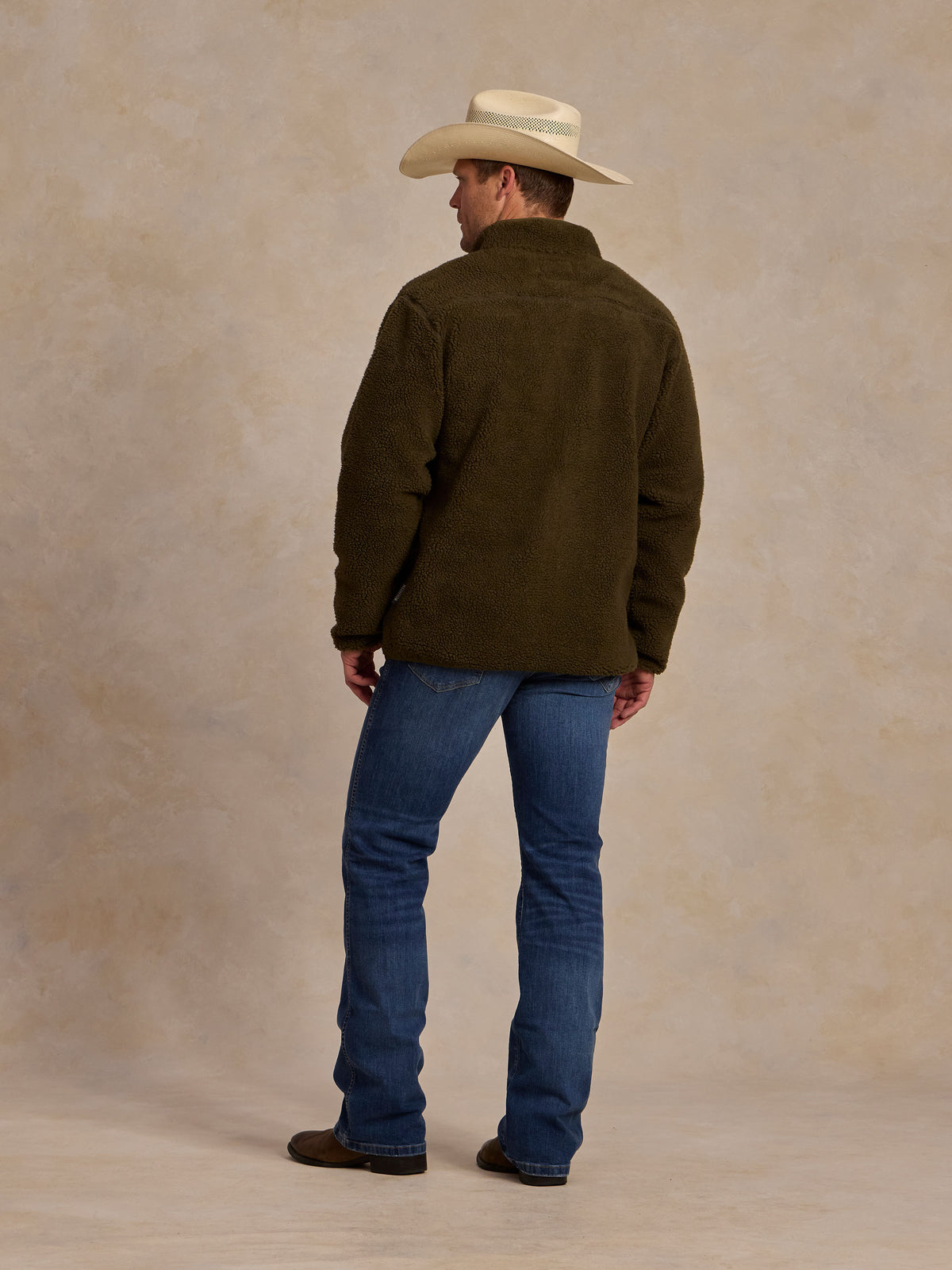 Olive full-zip fleece jacket, back view with stand collar