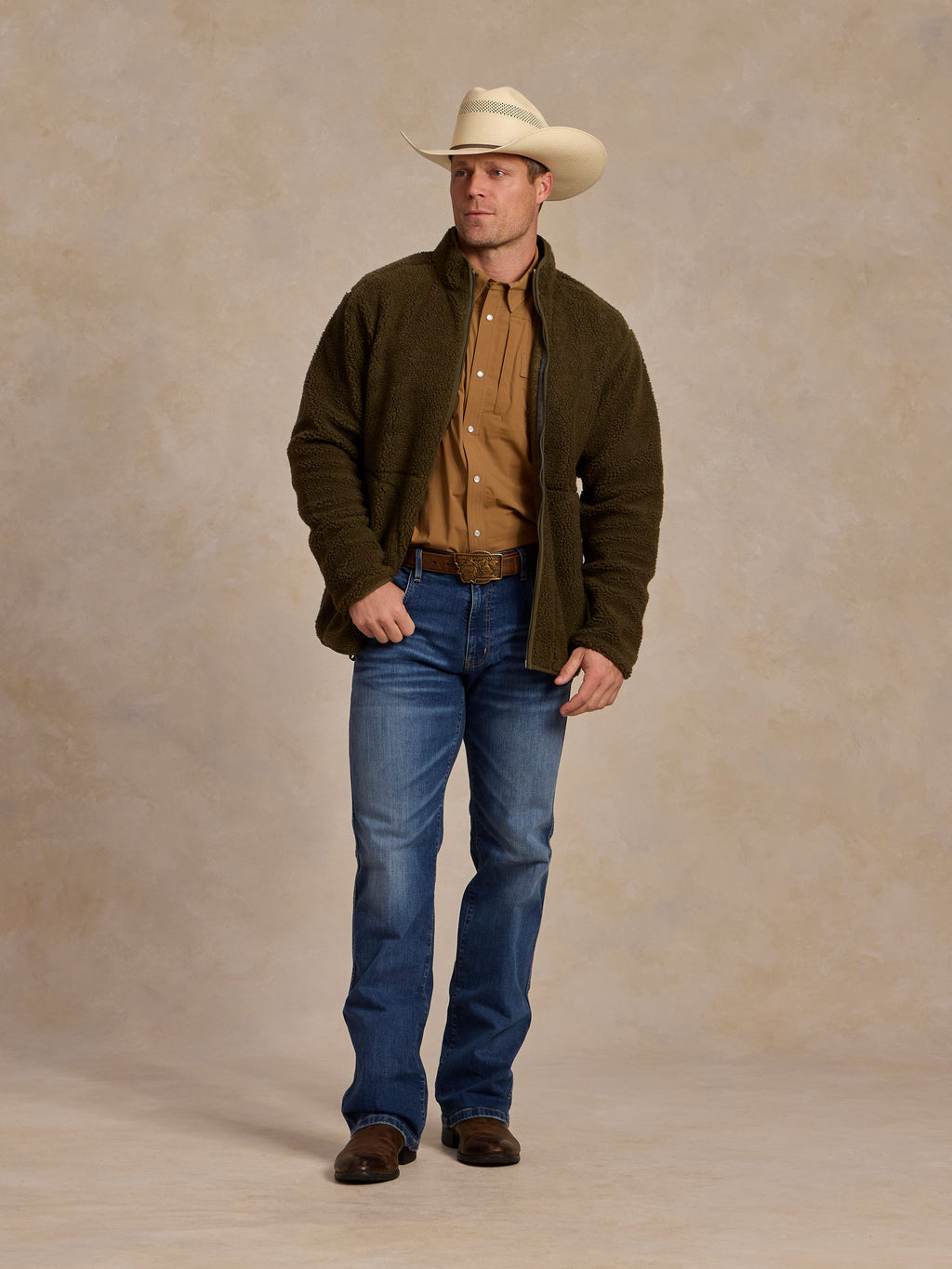 Olive full-zip fleece jacket with front zipper and hand pockets