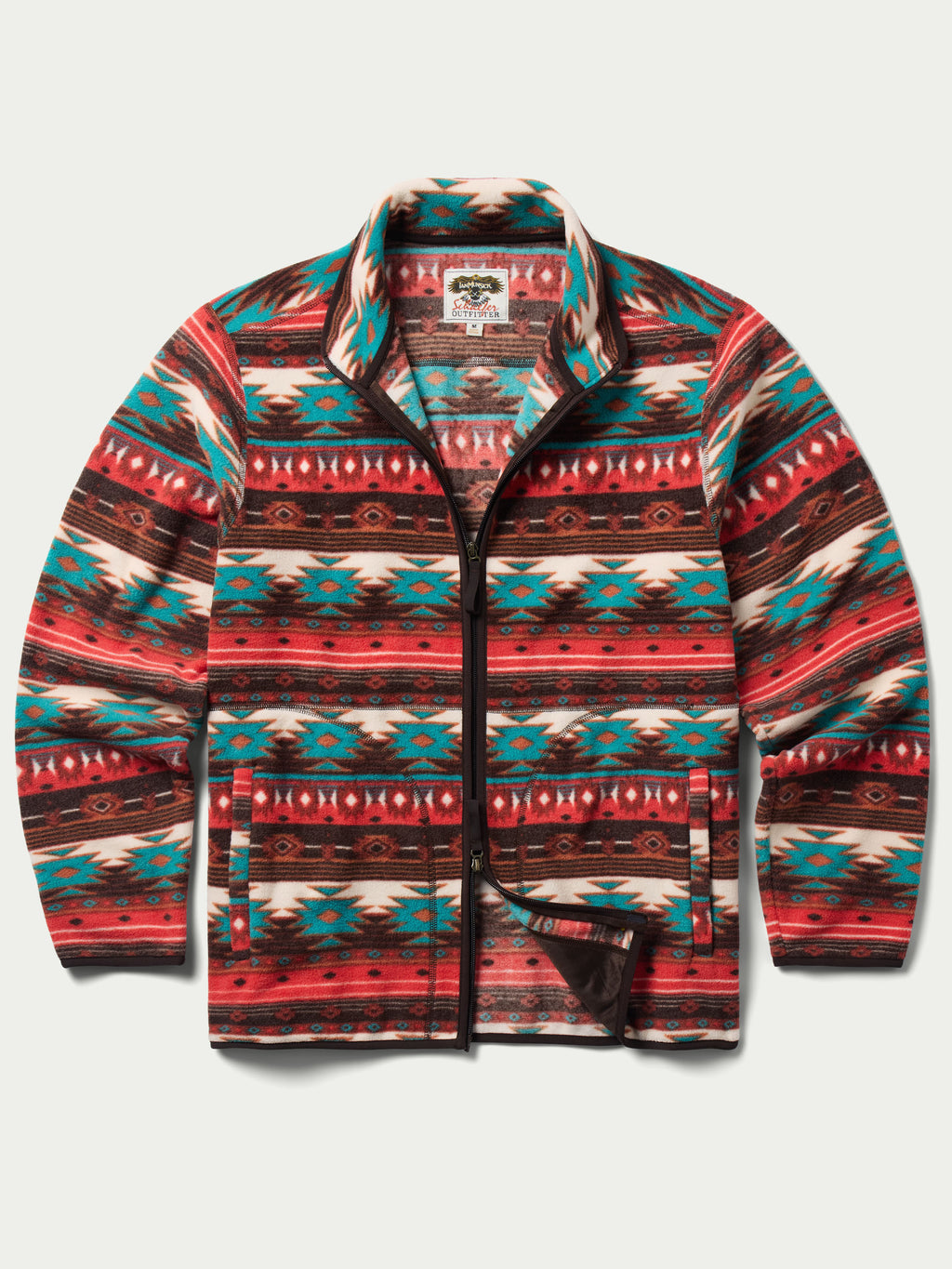 Patterned full-zip fleece jacket front view with black zipper and pockets