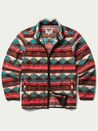 Patterned full-zip fleece jacket front view with black zipper and pockets