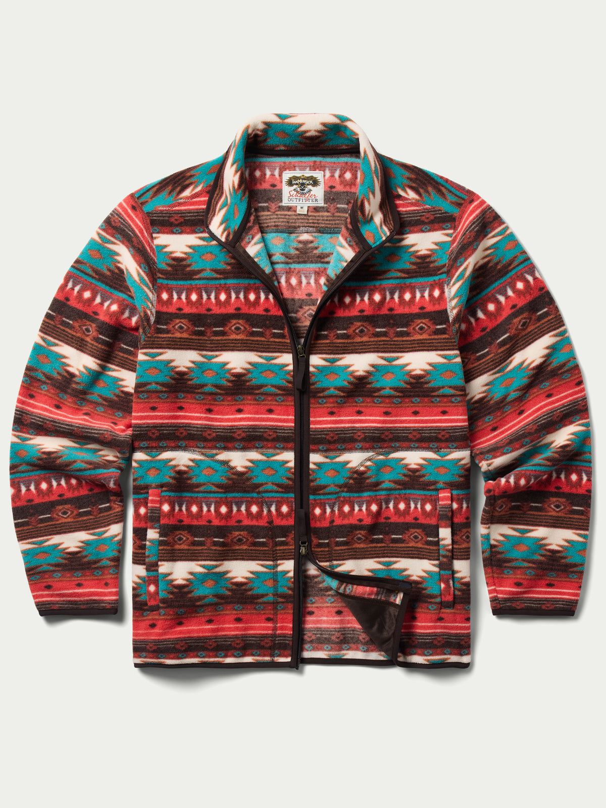 Patterned full-zip fleece jacket front view with black zipper and pockets