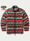 Patterned full-zip fleece jacket with stand collar and black zipper