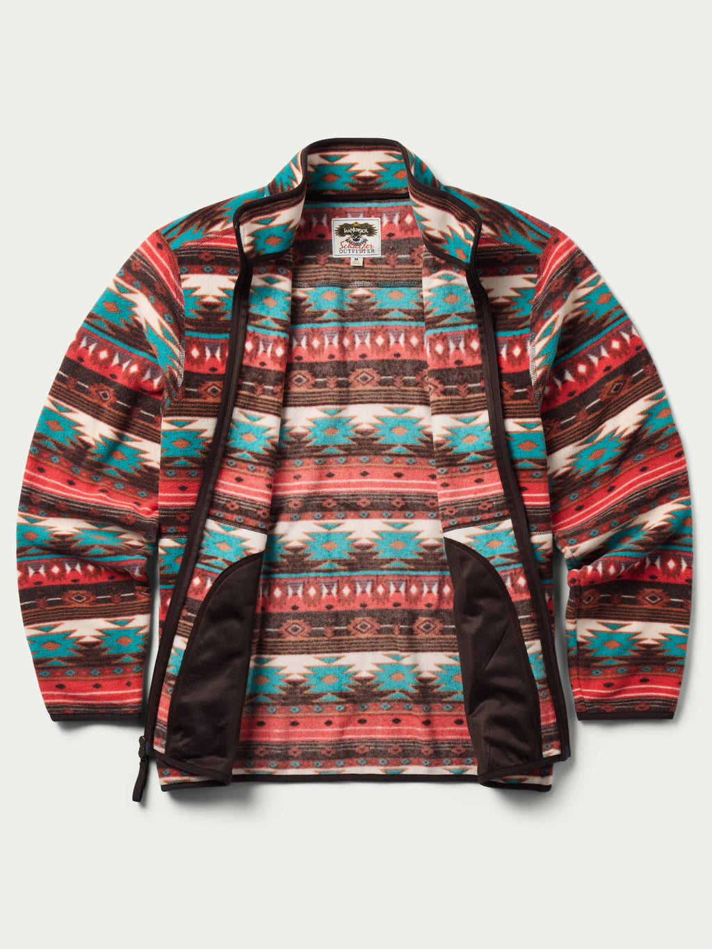 Patterned full-zip fleece jacket with open front showing dark inner lining