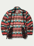 Patterned full-zip fleece jacket with open front showing dark inner lining