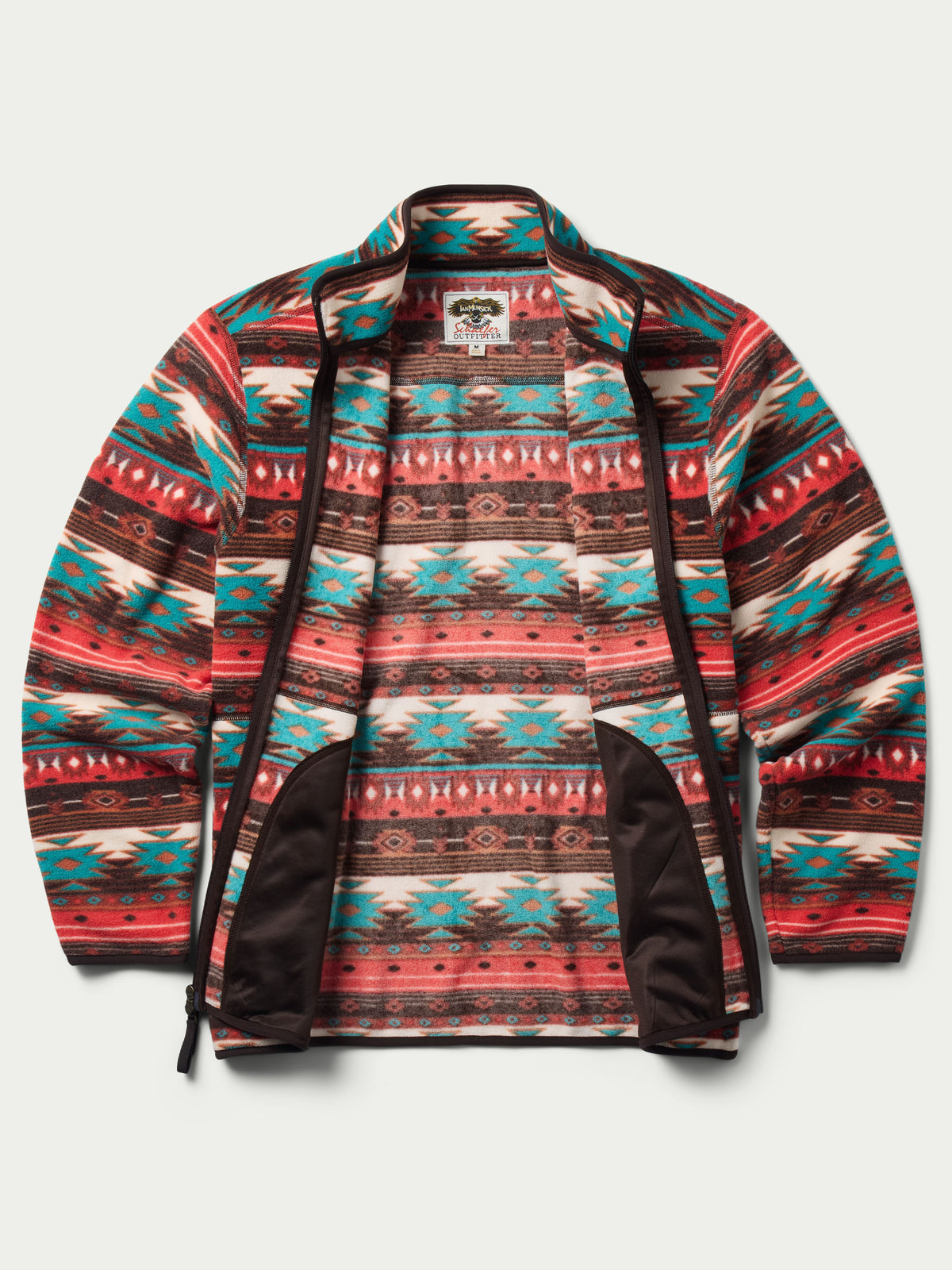 Patterned full-zip fleece jacket with open front showing dark inner lining