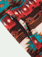 Patterned red, blue, and cream full-zip fleece jacket with black zipper
