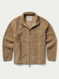 Taupe full-zip sherpa fleece jacket with stand collar and zip front