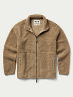 Taupe full-zip sherpa fleece jacket with stand collar and zip front