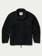 Washed black full-zip fleece jacket with stand collar, zip front, front pockets.