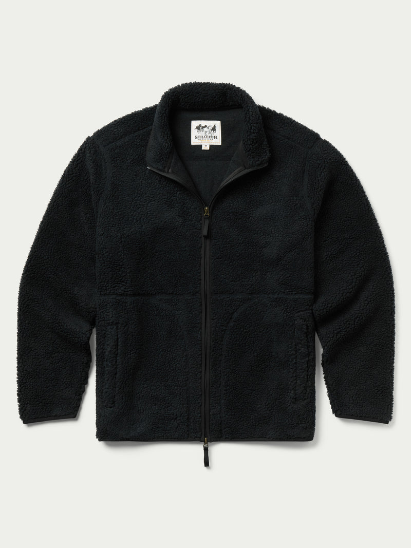 Washed black full-zip fleece jacket with stand collar, zip front, front pockets.
