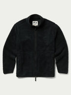 Washed black full-zip fleece jacket with stand collar and zip front, patch pockets.