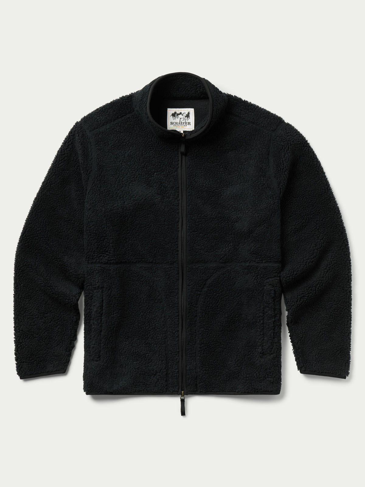 Washed black full-zip fleece jacket with stand collar and zip front, patch pockets.